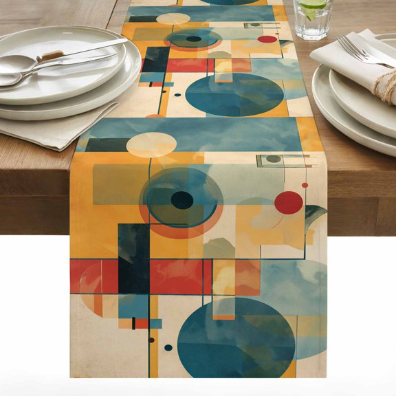 Abstract Oil Table Runner 13x108 inch Painting Retro Geometric Orange Cotton Linen Dining Table Runner Ideal for Dresser Kitchen Coffee Tables - Machine Washable