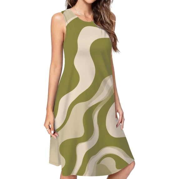 Abstract Olive Green Wavy Pattern Casual Sleeveless Loose Sundress Dress For Women Summer Dress Daily Woman