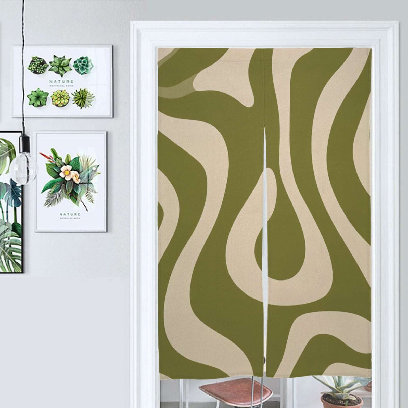 Abstract Olive Green Wavy Pattern Door Curtain Nordic Living Room
