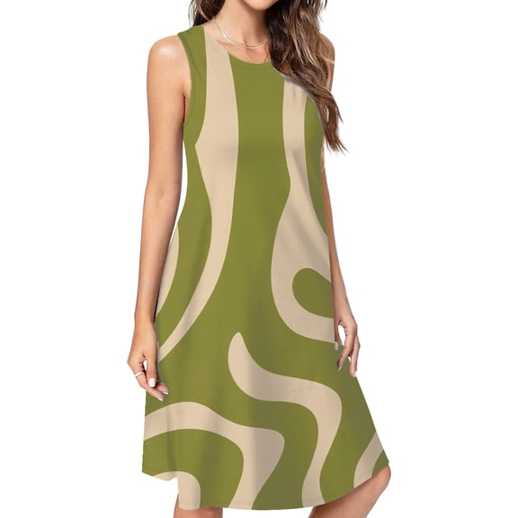 Abstract Olive Green Wavy Pattern Dress Loose Women'S Dress Beach Dresses With Pockets Dresses For Womens