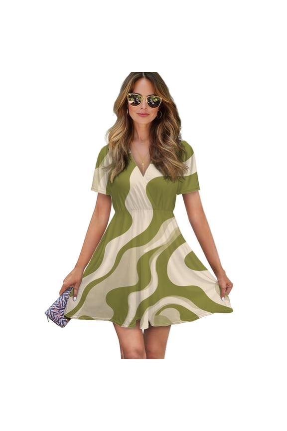 Abstract Olive Green Wavy Pattern Women Dress V-Neck Short Sleeve Flowy Swing Party Midi Dress