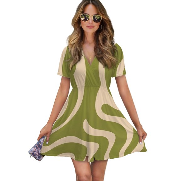 Abstract Olive Green Wavy Pattern Women Dress V-Neck Short Sleeve Flowy Swing Party Midi Dress