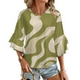 thumbnail image 1 of Abstract Olive Green Wavy Pattern Women's V-Neck Blouse With 3/4 Ruffled Bell Sleeves Casual Top Ladies Blouses, 1 of 7