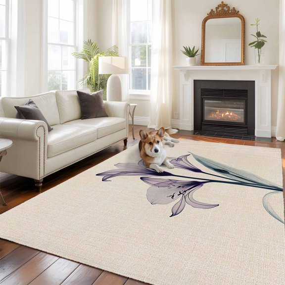 Abstract Ombre 5x7 Area Rugs for Living Room, Purple Lily Beige Texture Non Slip Floor Mat Washable Low-Profile Indoor Carpet for Bedroom, Dining Room, Bathroom
