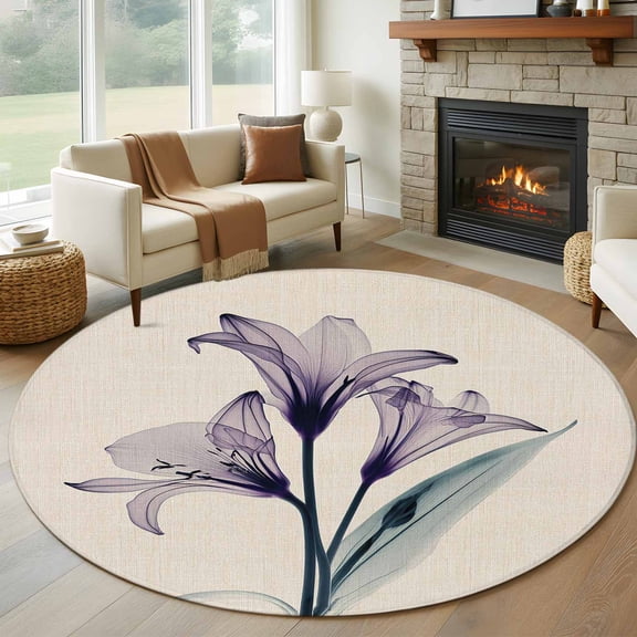 Abstract Ombre 8FT Round Area Rugs for Living Room Purple Lily Beige Texture Ultra-Thin Non-Slip Round Rugs Machine Washable Low Pile Circle Carpet for Bedroom Kitchen Nursery