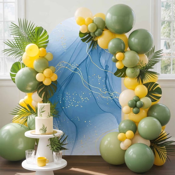 Abstract Ombre Arch Backdrop Cover, 4FT, Light Blue Marble Texture with Golden Line Spandex Arch Covers Double-Sided Backdrop for Wedding Birthday Party Photo Background Decoration
