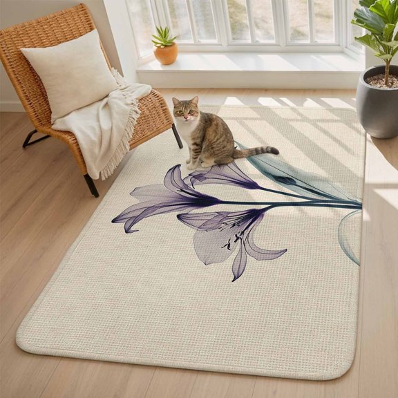 Abstract Ombre Area Rugs for Living Room 5x6, Purple Lily Beige Texture Washable Area Rug with Non Slip Backing, Stain Resist Linen Carpet for Bedroom, Dining Room, Entryway, Entrance