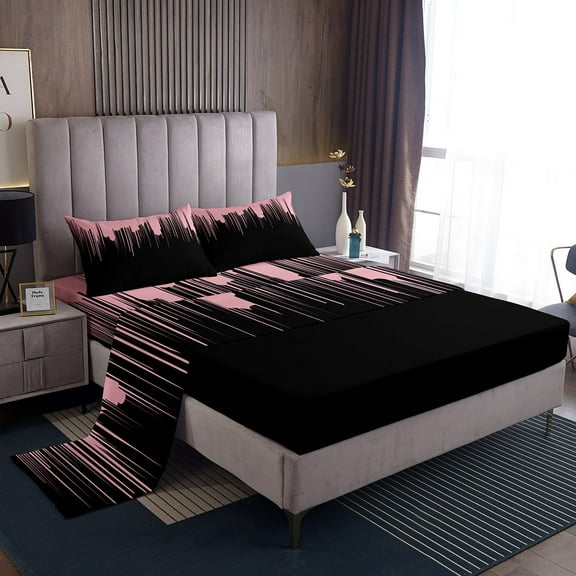 Abstract Ombre Bed Sheets Set Teens Light Pink and Black Sheet Set Queen Size,Modern Stripes Line Art Sheets Gradient Graffiti Decor,Watercolor Oil Painting Room Decor