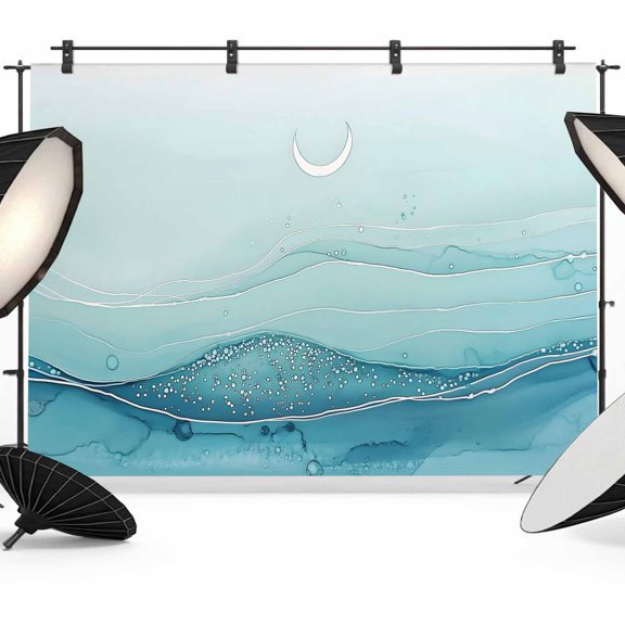 Abstract Ombre Blue Ocean Wave Backdrop for Photography, Sky Moon Modern Photo Backdrop Portrait Background Party Banner Photo Backgrounds for Studio Booth Props, 7x5ft