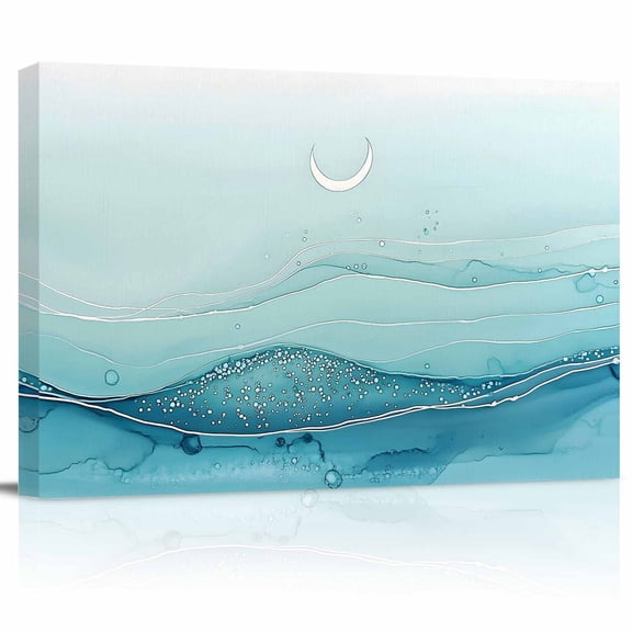 Abstract Ombre Blue Ocean Wave Canvas Print Wall Art Sky Moon Modern Pictures Painting Morden Artwork for Living Room Bedroom, Ready to Hang - 12"x16"