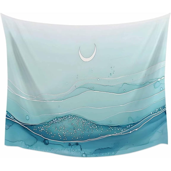 Abstract Ombre Blue Ocean Wave Wall Tapestry With Moon Modern Wall Hanging for Bedroom Living Room Dorm Backdrop Home Decor 90 x 60 Inch