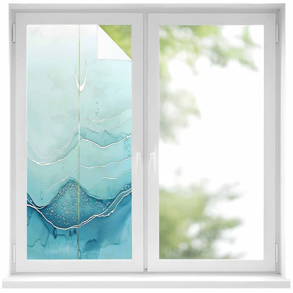 Abstract Ombre Blue Ocean Wave Window Privacy Film 19.6x39.3in Sky Moon Modern Decorative Window Film with Static Cling, UV Filtering Window Cling Privacy Film for Glass Doors and Windows