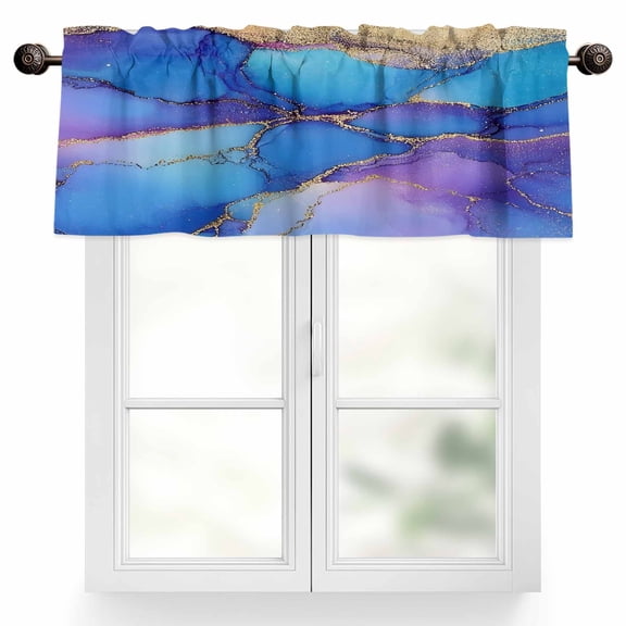 Abstract Ombre Blue Purple Marble Valances for Windows, 42 x 18in, Modern Art Rod Pocket Kitchen Valance Curtain Light Filtering Window Treatments for Living Room Bedroom, 1 Panel