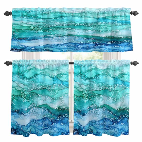 Abstract Ombre Blue Wave Kitchen Curtains Valances and Tiers Set of 3 Ocean Modern Abstract Art Tier Curtains and Valance with Rod Pocket for Small Windows, 27.5"x24"