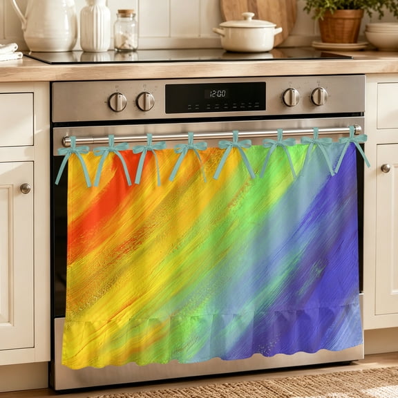 Abstract Ombre Colored Oven Skirt Curtain 32"Wx24"L,Waterproof Ruffled Stove Cover Skirt with 8 Ribbon Ties,Rainbow Watercolor Painting Art Decorative Oven Door Curtains for Kitchen Cabinet Storage