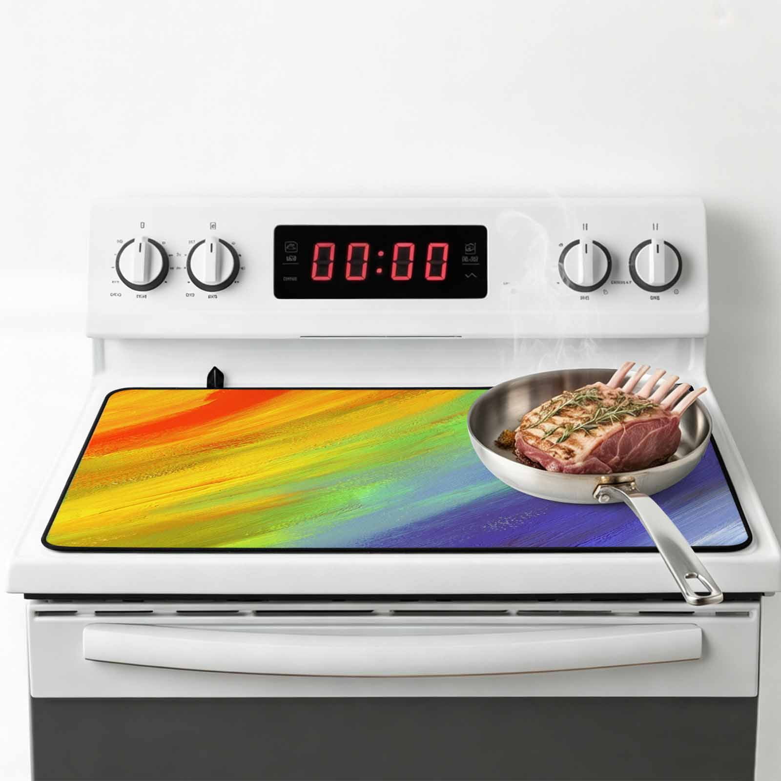 Abstract Ombre Colored, Stove Top Cover for Electric Stove, Heat-proof & Non Slip Glass Top Stove Cover Protector, Rainbow Watercolor Painting Art Kitchen Flat Cooktop Rubber Mat 24x21 Inches
