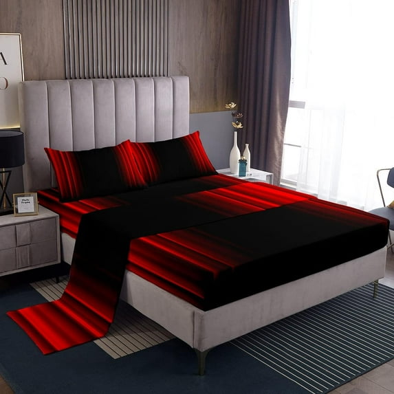 Abstract Ombre Decor Bed Sheets Teens Red and Black Sheet Set Fashion Sheets Room Decor Queen Size,1 Flat Sheet +1 Fitted Sheet+2 Pillowcases,4Pcs Bedding