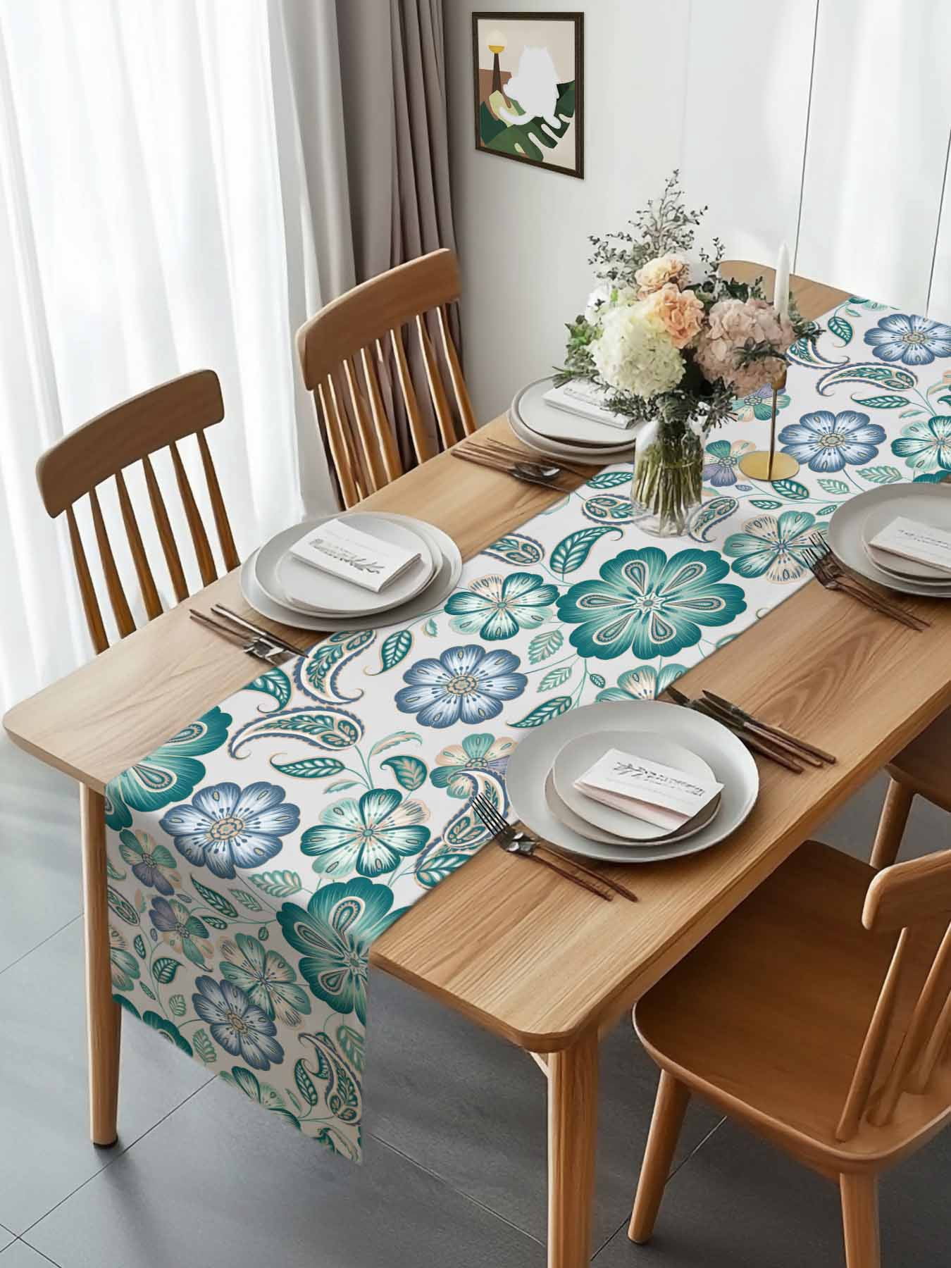 Abstract Ombre Ethnic Flower Table Runner 90 Inches Long, Traditional Blossom Floral Table Runners Tabletop Scarf Kitchen Dining Tables Decoration for Home Party Indoor Outdoor