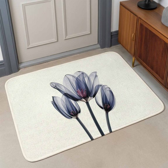 Abstract Ombre Front Door Mat Indoor Entrance, Blue Tulip Ray White Absorbent Dirt Resist Welcome Mats Non-Slip Low-Profile Doormat Washable Entry Rug Indoor Outdoor 17x30 Inch