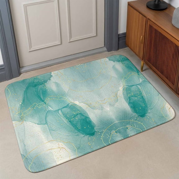 Abstract Ombre Front Door Mat Indoor Entrance, Green Marble Texture with Golden Line Absorbent Dirt Resist Welcome Mats Non-Slip Low-Profile Doormat Washable Entry Rug Indoor Outdoor 17x30 Inch