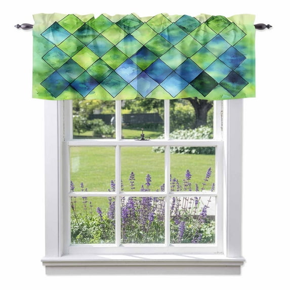 Abstract Ombre Green Blue Valance Curtain Geometric Art Window Valances Rod Pocket Short Curtains Window Treatments for Kitchen Bedroom Bathroom Laundry 42" x 18"