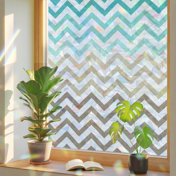 Abstract Ombre Herringbone Texture Window Privacy Film, Rainbow Film Decorative Window Sticker 17.7x39.3in, Green Teal Khaki Gradient Sun Blocking Static Stained Glass Cling Tint Non-Adhesive