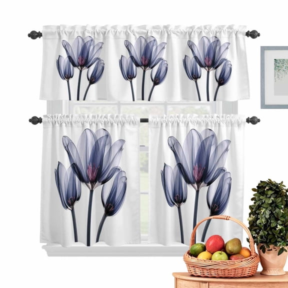 Abstract Ombre Kitchen Curtains Valances 3 Piece Set, Blue Tulip Ray White Rod Pocket Tier Curtain and Valance Drapes for Small Window 36 Inch Length for Bedroom Cafe