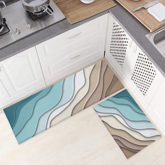 Abstract Ombre Kitchen Mat Set of 2, Beach Geometric Gradient Turquoise Brown Cream Microfiber Kitchen Rug TPR Non-Slip Backing Doormat Runner Rug Set Comfort Floor Mat, (16" x 24"+16" x 48")