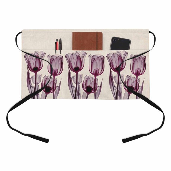 Abstract Ombre Kitchen Restaurant Half Waist Apron, Purple Tulip Ray Beige Server Short Apron with 3 Pockets Waterproof Oil Waist Aprons for Women Waitress Waiter