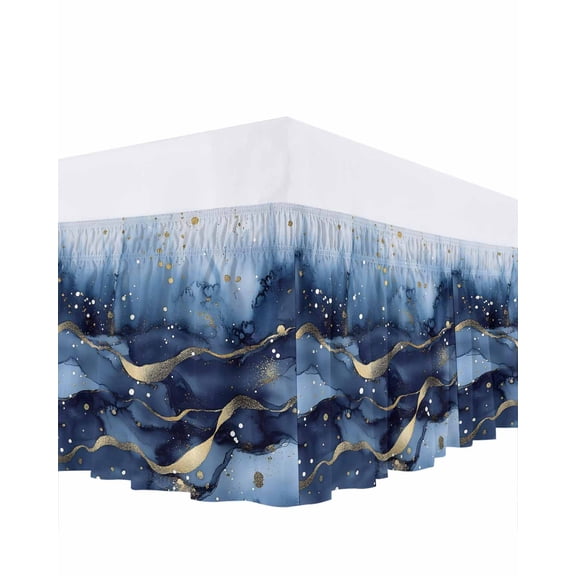 Abstract Ombre Navy Blue Gold Marble Bed Skirt Queen Size 16" Drop Nautical Ruffled Wrap Around Bed Skirts Adjustable Elastic Bedskirt Dust Ruffle for Queen Size Bed