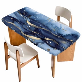 Abstract Ombre Navy Blue Gold Marble Fitted Rectangle Tablecloth 30" x 60" Nautical Elastic Table Cloth Fits for 5 Foot Folding Tables Waterproof Table Cover for Picnic Camping Outdoor