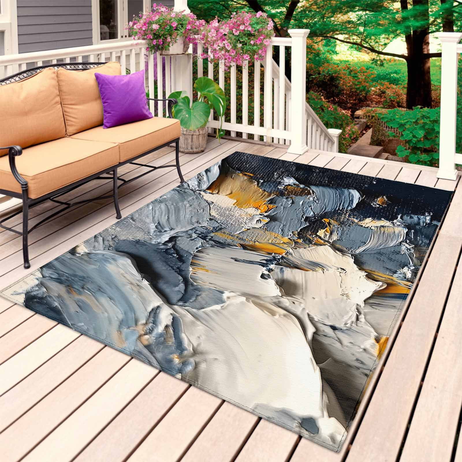 Abstract Ombre Outdoor Rug 4x6 Ft, Non Slip Washable Area Rug, Modern Farmhouse Chic Oil Painting Patio Rugs Carpet Runner, Large Floor Mat for Indoor/Outdoor Deck Porch Camping