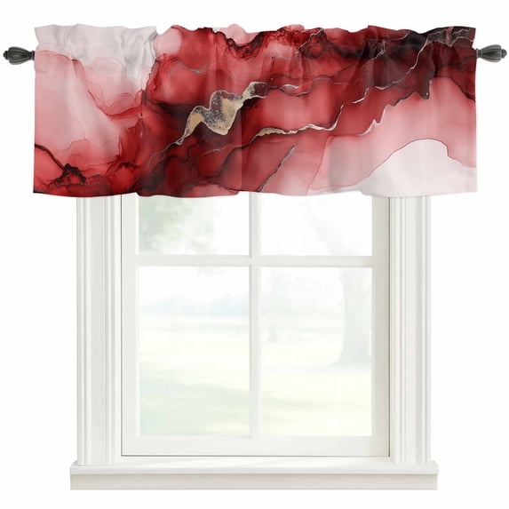 Abstract Ombre Red Marble Window Valance Curtain White Modern Art Rod Pocket Short Curtain for Living Room, Bedroom & Kitchen Window Decor 54x18in