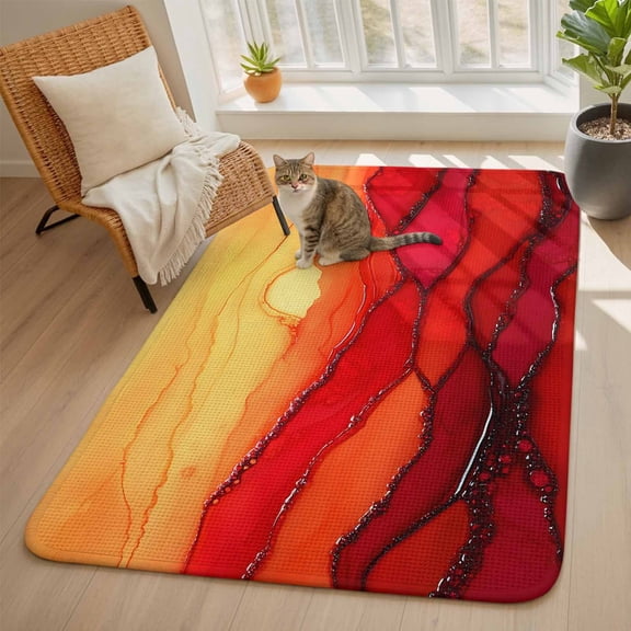 Abstract Ombre Red Wave Ocean Area Rugs for Living Room 5x6, Sky Modern Art Washable Area Rug with Non Slip Backing, Stain Resist Linen Carpet for Bedroom, Dining Room, Entryway, Entrance