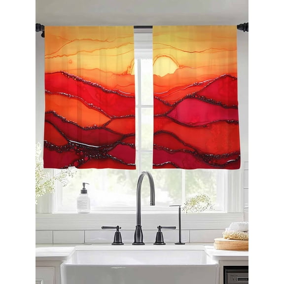 Abstract Ombre Red Wave Ocean Sheer Curtains 45 Inches Long 2 Panels Sky Modern Art Light Filtering Semi Sheer Window Curtains Drapes for Bedroom Living Room 52"x45"