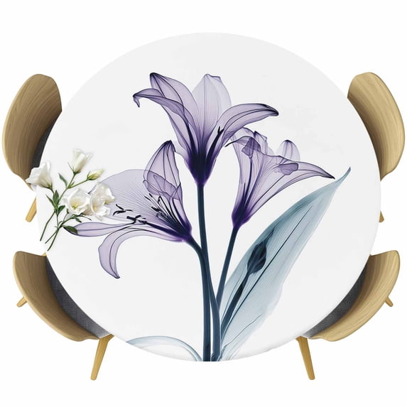 Abstract Ombre Round Fitted Table Cover Purple Lily White Texture Waterproof Table Cloth with Elastic Edge Wipeable Tablecloth for Picnic Camping Party Fits 45"-54" Diameter