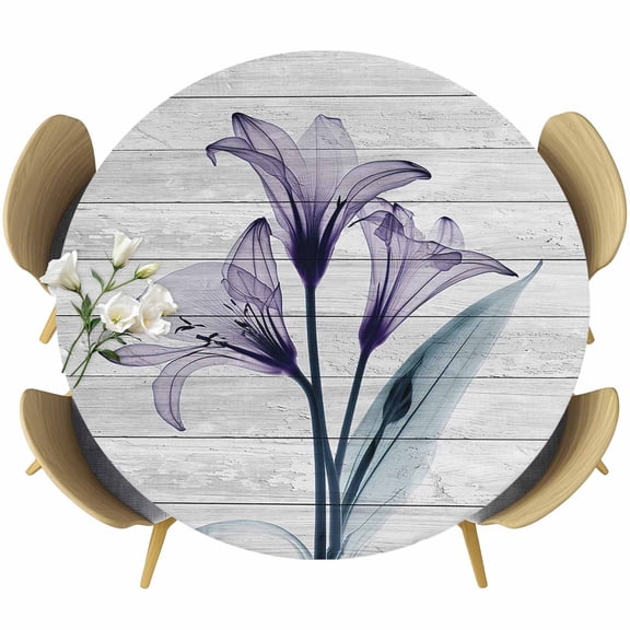 Abstract Ombre Round Fitted Table Cover Purple Lily Wood Grain Waterproof Table Cloth with Elastic Edge Wipeable Tablecloth for Picnic Camping Party Fits 36"-44" Diameter