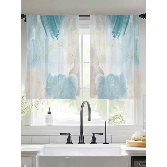 Abstract Ombre Sheer Curtains 45 inches Long 2 Panels Set Blue Marble Texture with Golden Line Tiers Sheers Rod Pocket Small Window Short Curtains for Kitchen Cafe, Each 52" W x 45" L