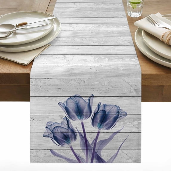 Abstract Ombre Table Runner 13x90 inch Blue Tulip Ray Grey Wood Grain ...