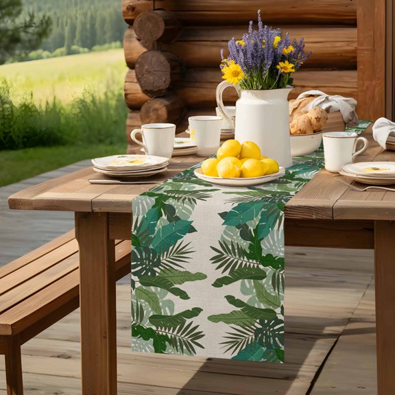 Abstract Ombre Tropical Leaves Table Runner 13x48in Non-Slip Cotton Linen Table Runners, Palm Leaf Retro Linen Dresser Scarves TableRunner for Dinner Kitchen Dining Wedding Party