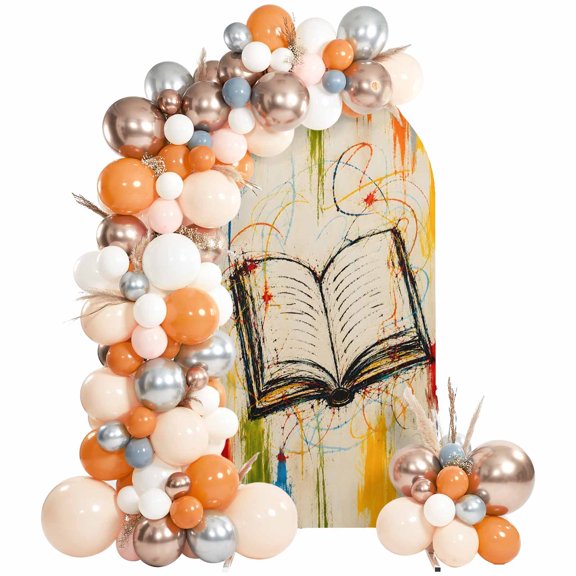 Abstract Open Book Arch Backdrop Cover 6Ft, Wedding Arch Covers Stretchy Backdrop, Modern Simple Graffiti Art Beige Fitted 2 Sided Arched Photo Background for Birthday Party Decorations