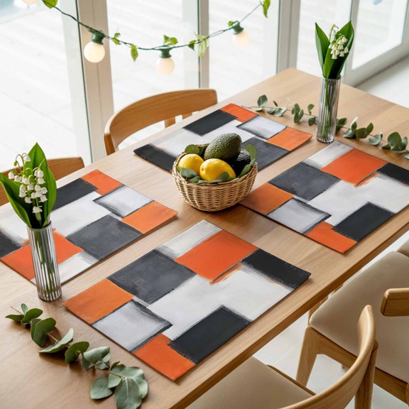 Abstract Orange Black Grey Block Placemats Set of 4,Wipeable Washable Table Mats for Dining Tables, Watercolor Graffiti Art Place Mats for Kitchen Event Party Tabletop Decor