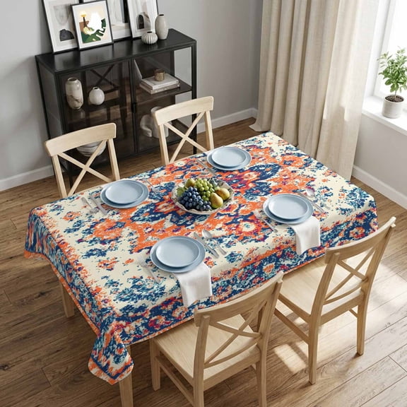 Abstract Orange Blue Geometric Rectangle Tablecloth 52x70 Inch Vintage Floral Ethnic Style Waterproof Polyester Tablecloth for Dining Table, Washable Table Cover for Kitchen Dining Room Wedding