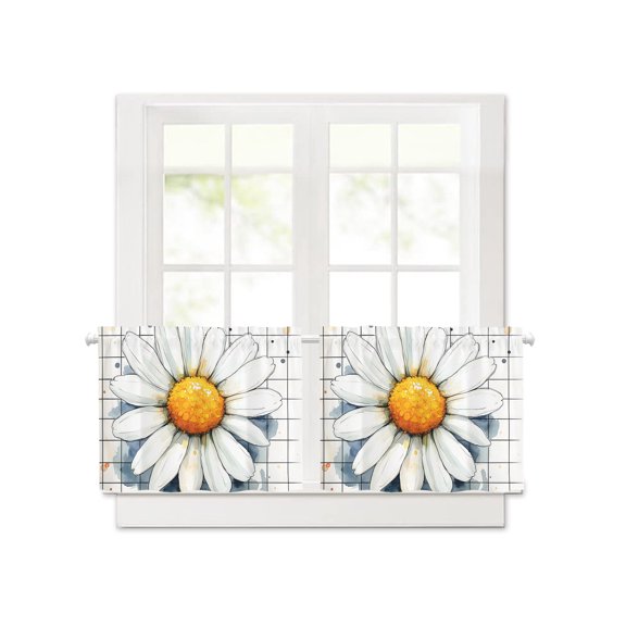 Abstract Orange Blue Watercolor Daisy Short Blackout Curtains 24 Inch Long,Retro Plaid Lattice Rod Pocket Kitchen Curtains,2 Panels Thermal Insulated Room Darkening Drapes for Bedroom,30"Wx24"L