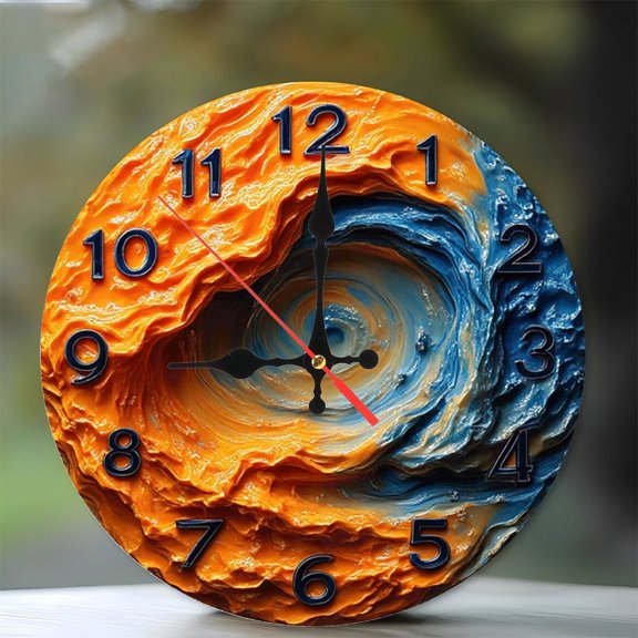 Abstract Orange Blue Wave Wall Clock 10-Inch Silent Wooden Wall Clock, Battery Operated (AA Batteries Not Included), Artistic Home Decor
