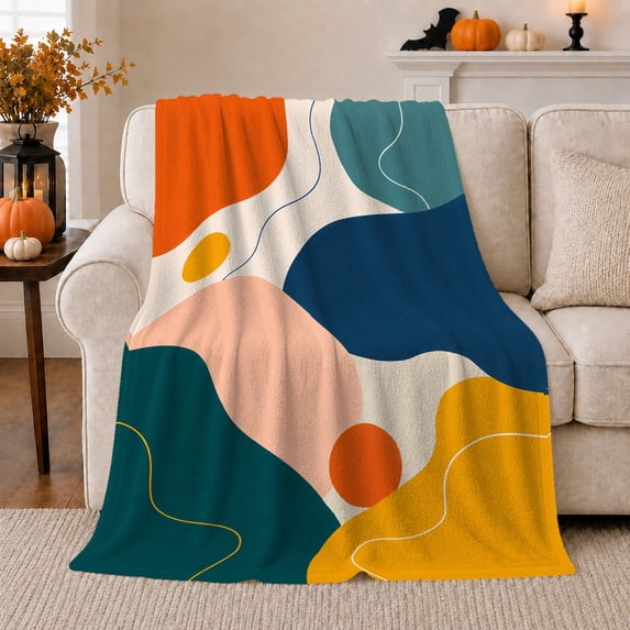 Abstract Orange Blue and Yellow Blocks, Energetic Modern Style for Art Lovers, Bright Geometric Flow Pattern and Birthday Gift, Cozy Flannel Blanket for Bedroom and Living Room, Home Decor