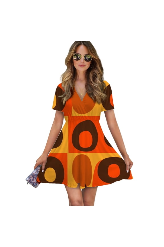 Abstract Orange Brown Circles Pattern Women Dress V-Neck Short Sleeve Flowy Swing Party Midi Dress