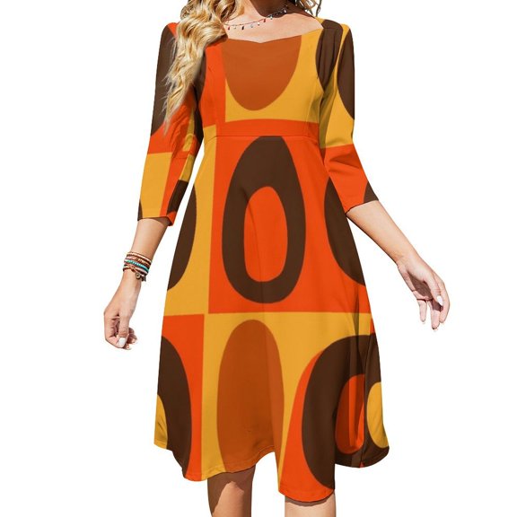 Abstract Orange Brown Circles Pattern Womens Summer Dress Tie Back A Line Flare Dress