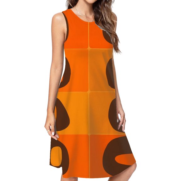 Abstract Orange Brown Geometric Shapes Casual Sleeveless Loose Sundress Dress For Women Summer Dress Daily Woman