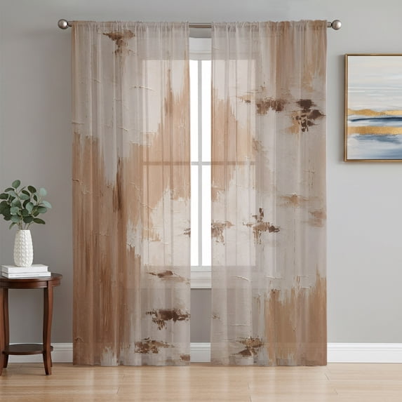 Abstract Orange Brown Sheer Curtains 72 Inch Length 2 Panels Set, Expressionism Splatter Artistic Voile Window Treatment Rod Pocket Curtains Sheers Drapes for Bedroom/Living Room/Kitchen 52"x72"x2